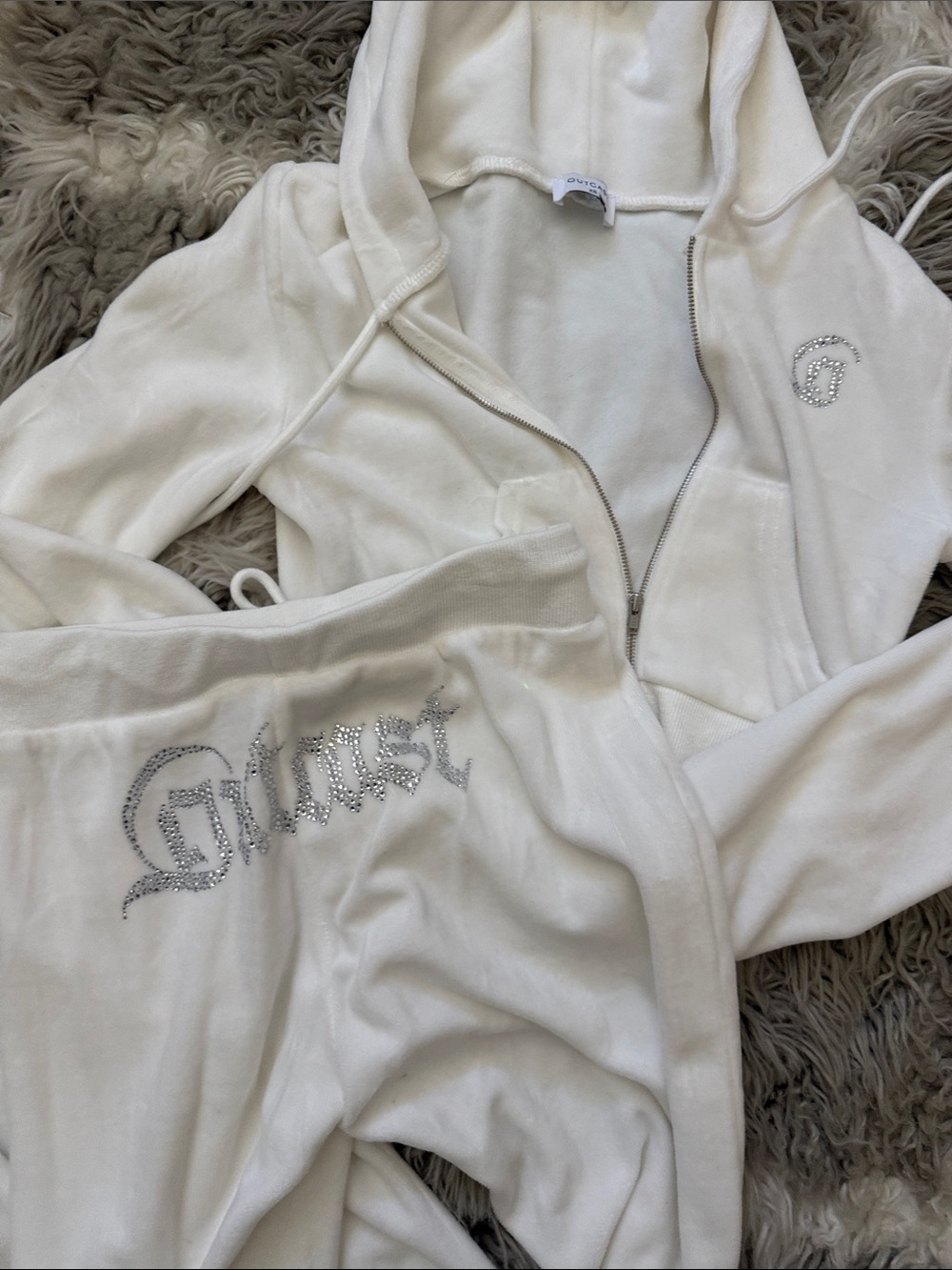 Outcast White Rhinestone Velour Hoodie & Sweatpants Set